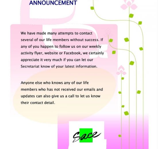 Announcement ref SACE Life members